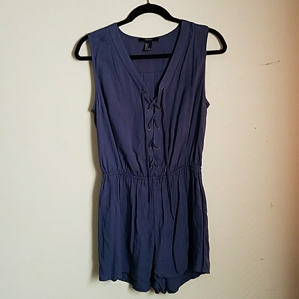 Powder Blue Lace-Up Romper - Picture 2 of 7